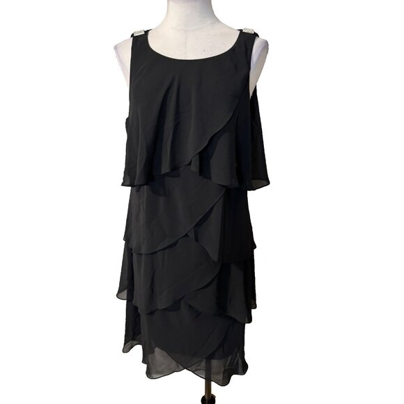 SLNY Party Dress Women’s 14W Black Crystal Ruffled Tier Semi-Formal Flowy NEW - Picture 3 of 9